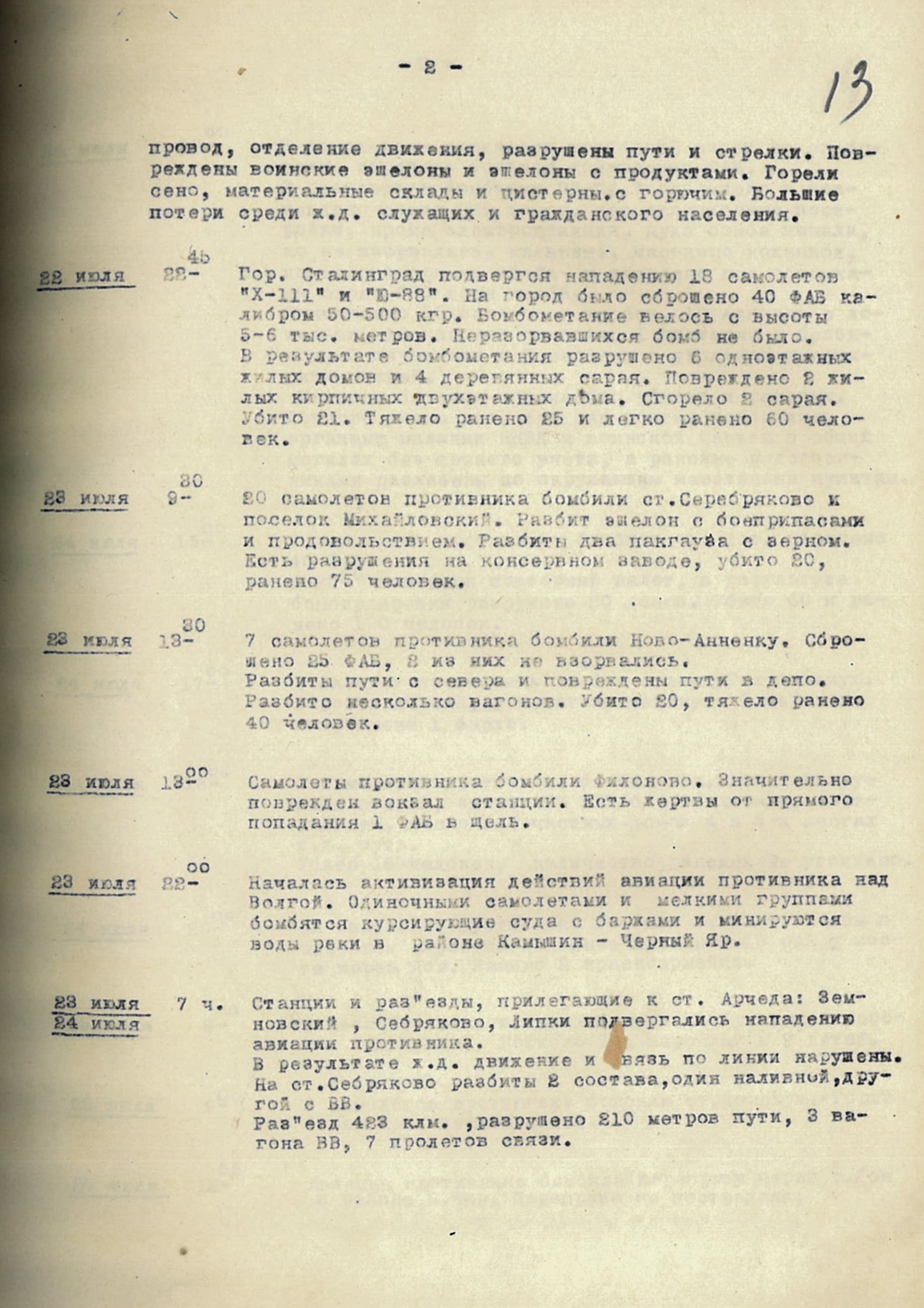 Обзор о деятельности авиации противника над территорией Сталинградской области за июль 1942 г. Страница 2